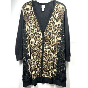 Chico's Cardigan Women's XL Animal Black Lace Button Up Tunic Length 3/4 Sleeves